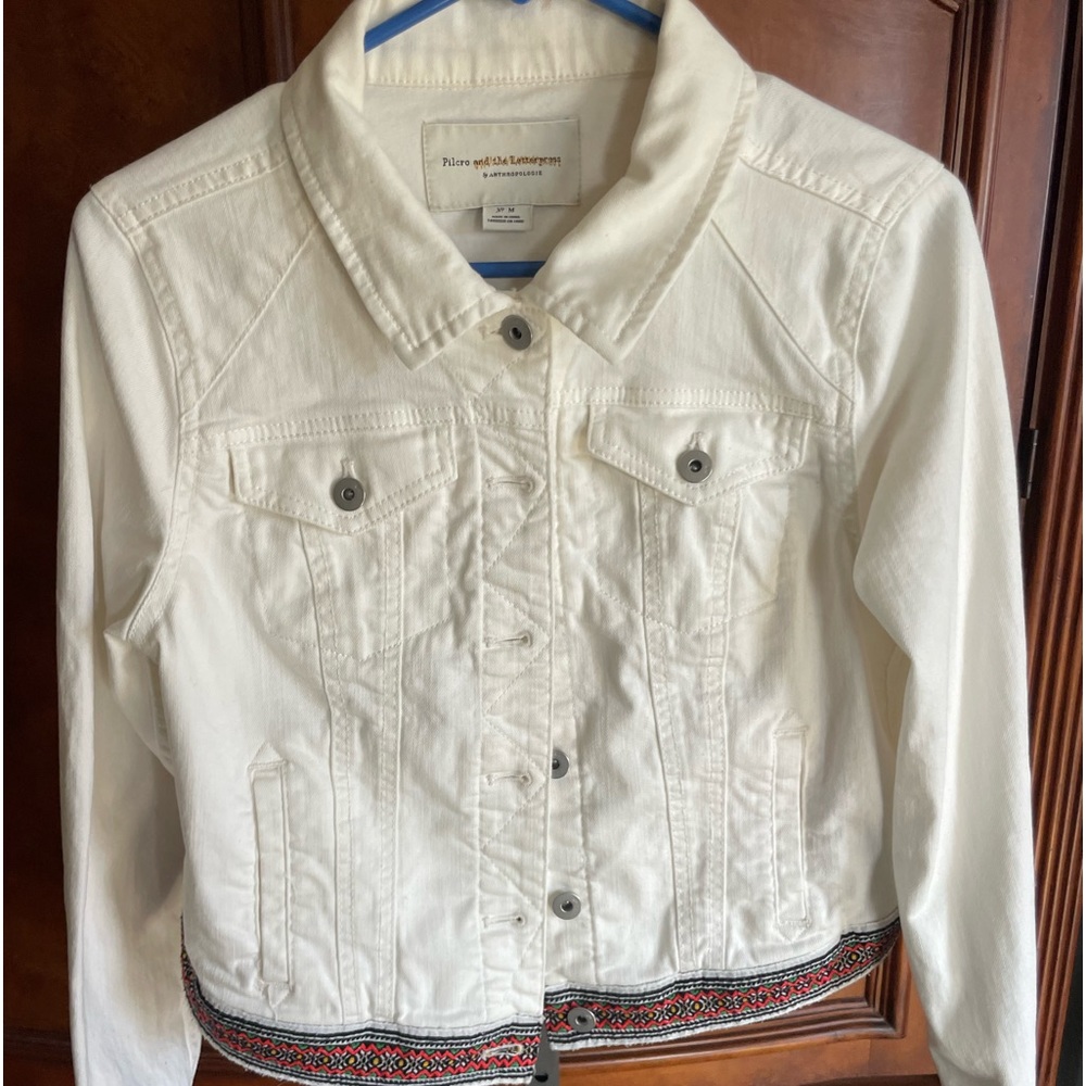 lcro By Anthropology White Tasseled Pom Pom Denim jacket Size M